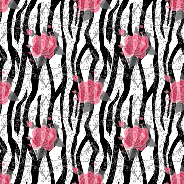 Listras de zebra com vermelho rosa Flores Padrão sem costura. Zebra imprimir, pele animal, listras de tigre, padrão abstrato, fundo de linha, tecido. Incrível ilustração vetorial desenhada à mão. Cartaz, banner. eps10 — Vetor de Stock