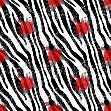Kırmızı gül çiçekli Zebra Çizgileri. Kusursuz desenli. Zebra izi, hayvan derisi, kaplan çizgileri, soyut desen, çizgi arkaplan, kumaş. Şaşırtıcı el çizimi vektör çizimi. Poster, afiş. eps10