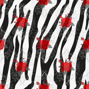 Kırmızı gül çiçekli Zebra Çizgileri. Kusursuz desenli. Zebra izi, hayvan derisi, kaplan çizgileri, soyut desen, çizgi arkaplan, kumaş. Şaşırtıcı el çizimi vektör çizimi. Poster, afiş. eps10