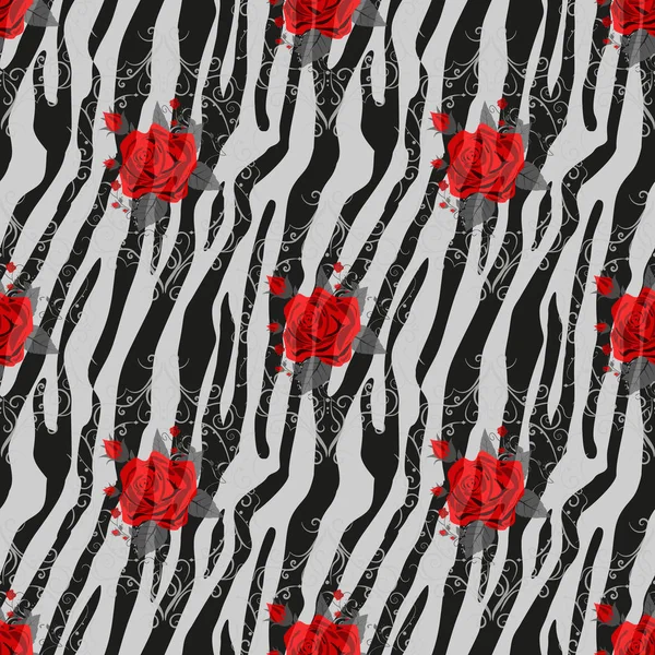 Zebra Paski z czerwoną różą Kwiaty bezszwowe wzór. Zebra print, skóra zwierzęca, paski tygrysa, abstrakcyjny wzór, tło linii, tkanina. Niesamowita ilustracja wektora. Plakat, baner. eps10 — Wektor stockowy