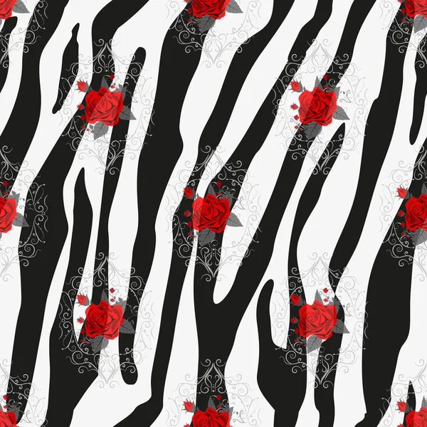 Zebra ränder med röda rosor Blommor sömlös mönster. Zebra tryck, djurhud, tiger ränder, abstrakt mönster, linje bakgrund, tyg. Fantastisk handritad vektor illustration. Affisch, banderoll. eps10 — Stock vektor
