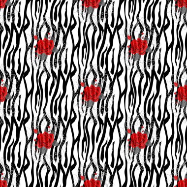 Kırmızı gül çiçekli Zebra Çizgileri. Kusursuz desenli. Zebra izi, hayvan derisi, kaplan çizgileri, soyut desen, çizgi arkaplan, kumaş. Şaşırtıcı el çizimi vektör çizimi. Poster, afiş. eps10