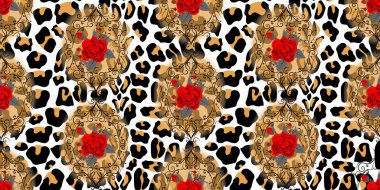 Leopar deri arka plan eps10 üzerinde gül çiçeği ile Dikişsiz desen