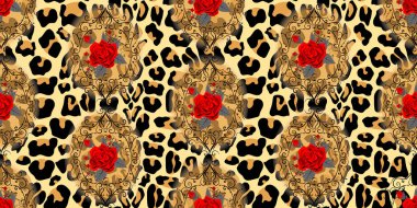 Leopar deri arka plan eps10 üzerinde gül çiçeği ile Dikişsiz desen
