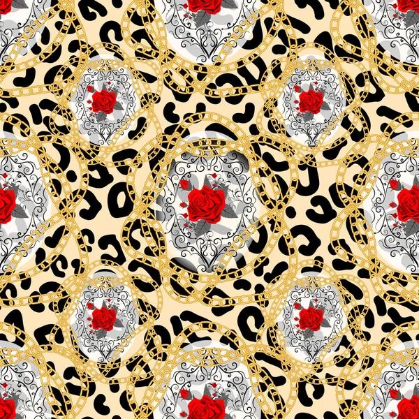 Motif sans couture avec imprimé léopard et roses. Fond vectoriel avec peau animale et texture florale. Pour impression sur tissu, papier peint, emballage. eps10 — Image vectorielle