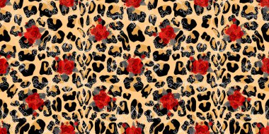 Leopar baskı ve güller ile Dikişsiz desen. Hayvan derisi ve çiçek dokusu ile vektör arka plan. Kumaş, duvar kağıdı, paketleme üzerine baskı için. eps10