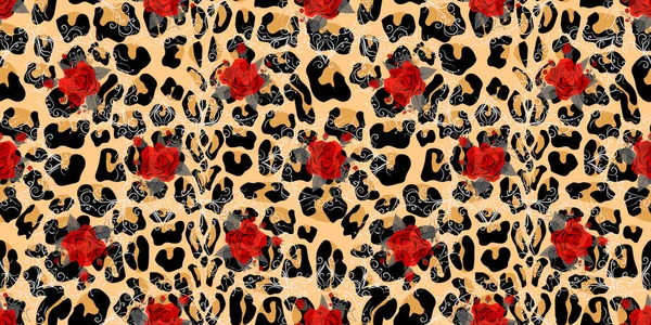 Leopar baskı ve güller ile Dikişsiz desen. Hayvan derisi ve çiçek dokusu ile vektör arka plan. Kumaş, duvar kağıdı, paketleme üzerine baskı için. eps10