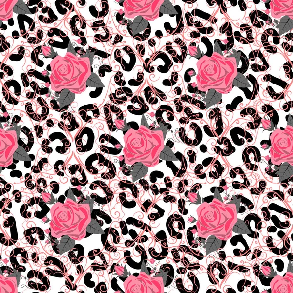 Motif sans couture avec imprimé léopard et roses. Fond vectoriel avec peau animale et texture florale. Pour impression sur tissu, papier peint, emballage. eps10 — Image vectorielle