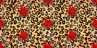Leopar baskı ve kırmızı gül ile dikişsiz desen. Hayvan derisi ve çiçek dokusu ile vektör arka plan. Kumaş, duvar kağıdı, ambalaj üzerine baskı için. eps 10