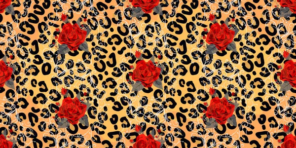 Patrón sin costuras con estampado de leopardo y rosas rojas. Fondo vectorial con piel animal y textura floral. Para imprimir en tela, papel pintado, embalaje. eps 10 — Archivo Imágenes Vectoriales