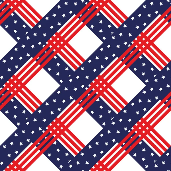 Étoiles patriotiques américaines et rayures motif sans couture en rouge vif, bleu et blanc. Jour de l'indépendance fond vectoriel. — Image vectorielle