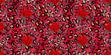 Leopar baskı ve kırmızı gül ile dikişsiz desen. Hayvan derisi ve çiçek dokusu ile vektör arka plan. Kumaş, duvar kağıdı, ambalaj üzerine baskı için. eps 10