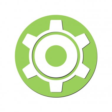 Cogwheel piktograf. İllüstrasyon tarzı düz ikonik iki renkli eko yeşil ve beyaz arka plan üzerinde gri sembolüdür. Rasterized kopya