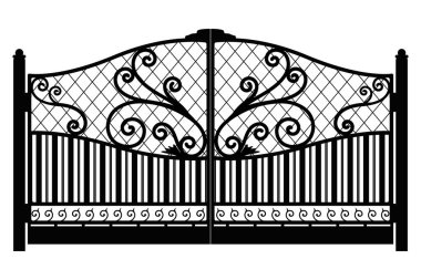 Forged gate. Architecture detail. Black forged iron gate with decorative lattice isolated on white background. Vector EPS10 clipart