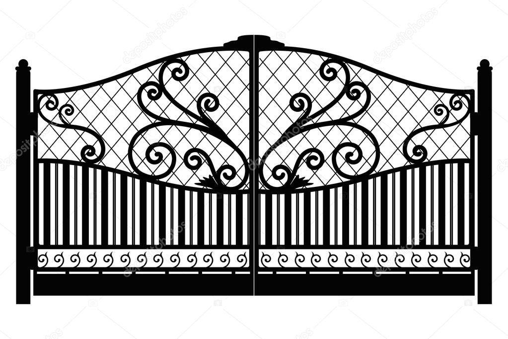 Forged gate. Architecture detail. Black forged iron gate with decorative lattice isolated on white background. Vector EPS10