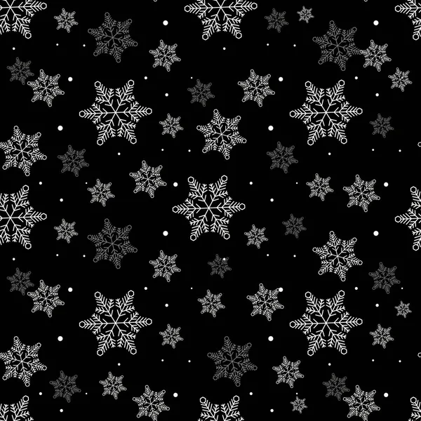 Modello senza soluzione di continuità di fiocchi di neve su uno sfondo nero — Vettoriale Stock
