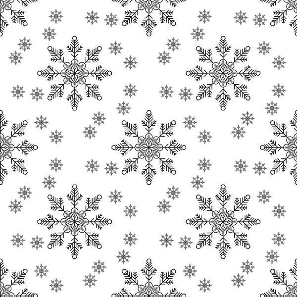 Vánoce, nový rok bezešvé pattern, sněhové vločky čárová ilustrace. Vektorové ikony zimních svátků, studeného sněhu. Celebration party černé bílé opakované pozadí. eps10 — Stockový vektor