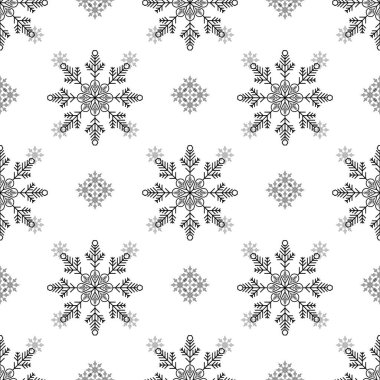 Noel, yeni yıl sorunsuz desen, kar taneleri çizgi illüstrasyon. Kış tatilleri vektör simgeleri, soğuk sezon kar yağışı. Kutlama partisi siyah beyaz tekrarlanan arka plan. eps 10