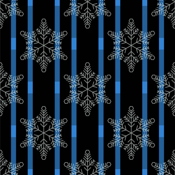 Patrón sin costura de copo de nieve negro de Navidad. Copos de nieve sobre fondo de líneas azules y negras. Fondo de pantalla textura nieve invierno. Fiesta de símbolo, celebración de Año Nuevo Ilustración vectorial — Vector de stock