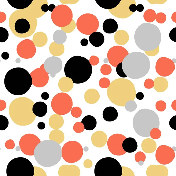 Ditsy Vektor Tupfenmuster mit zufällig handgemalten Kreisen in den Farben weiß, schwarz, korallenrot, silber, gold. nahtlose Textur im Stil der 1960er Jahre. moderner Hintergrund mit runden Formen — Stockvektor