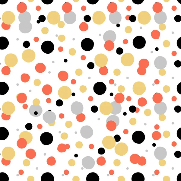 Ditsy vetor polka dot padrão com círculos pintados à mão aleatória em branco, preto, vermelho coral, prata, cores douradas. Textura sem costura no estilo de moda vintage dos anos 1960. Fundo moderno com formas redondas — Vetor de Stock