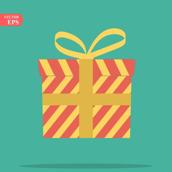 Gesloten platte geschenk doos, verrassing concept. Rode vierkante gift box met geel lint en boog geïsoleerd op Gree achtergrond. Vector illustratie — Stockvector