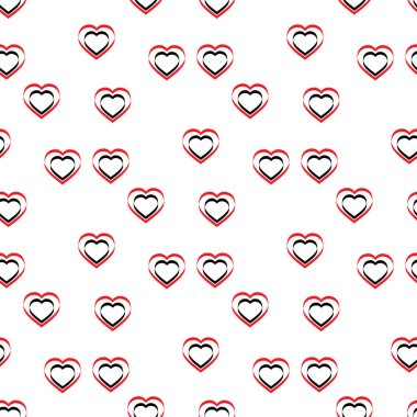 Basit siyah ve kırmızı kalpler sorunsuz vektör deseni. Sevgililer günü arka plan. Küçük kalp siluetleri yapılmış düz tasarım sonsuz kaotik doku. Kırmızının tonları.