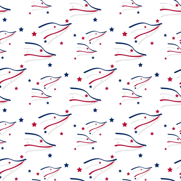 Festive fond sans couture avec chapeau haut de forme, étoiles. American Happy Independence Day concept de conception avec des papiers éparpillés, étoiles dans les couleurs traditionnelles américaines - rouge, blanc, bleu. Isolé . — Image vectorielle