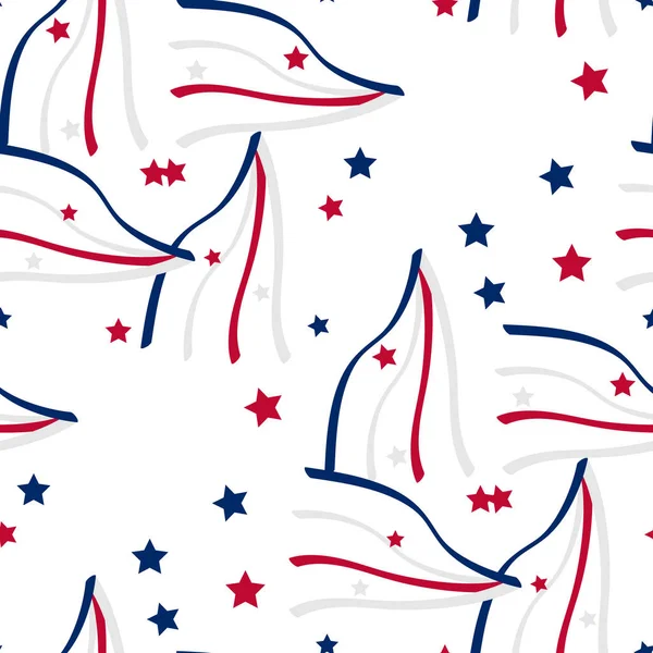 Festive fond sans couture avec chapeau haut de forme, étoiles. American Happy Independence Day concept de conception avec des papiers éparpillés, étoiles dans les couleurs traditionnelles américaines - rouge, blanc, bleu. Isolé. eps10 — Image vectorielle