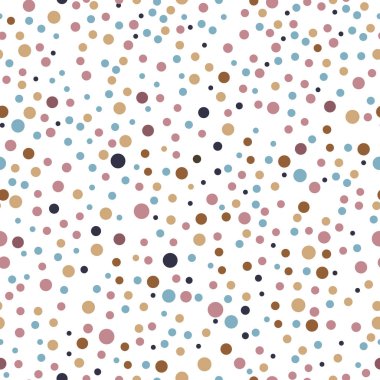 Renkli noktalı dikişsiz desen. Takdire şayan klasik renkli polka nokta tekstil desen. Dikişsiz dağınık konfeti kaotik dekor düşmek. Soyut vektör illüstrasyonu.