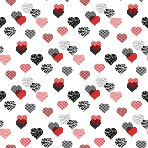 Lustige nahtlose Muster mit Herzen. Herznahtloses Muster. bunte rote und schwarze Herzen. Verpackungsdesign für Geschenkverpackungen. abstrakte geometrische moderne Hintergrund. Vektorillustration. Art Deco Stil. — Stockvektor
