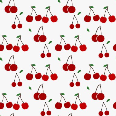 Kırmızı kirazlı kusursuz desen. Lezzetli kirazlarla tekrarlanabilir arka plan. Bitmek bilmeyen bir geçmişi var. Yemek dokusu. Vektör dosyası OS 10