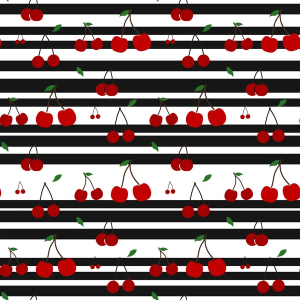 Patrón sin costura de cerezas y rayas - Cerezas en franjas horizontales en blanco y negro — Archivo Imágenes Vectoriales