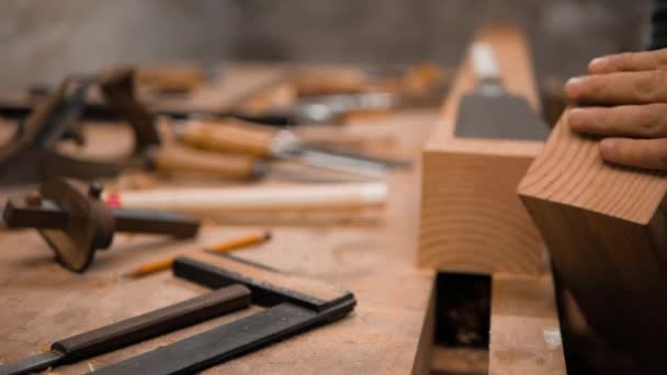 Carpenter Checks Surface Cut His Hand — Stock Video