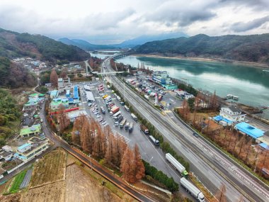 Manzara Seomjin Nehri otoyol dinlenme alanı, wangyang, Jeollanamdo, Güney Kore, Asya
