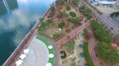 Naru Park ve Centum şehir trafik, Haeundae, Busan, Güney Kore, Asya havadan görünümü