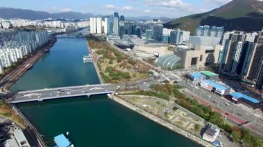 Naru Park ve Centum şehir trafik, Haeundae, Busan, Güney Kore, Asya havadan görünümü