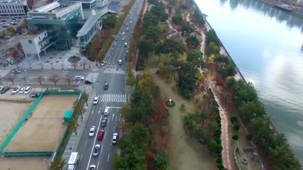 Luftaufnahme Von Naru Park Und Centum Stadtverkehr Haeundae Busan Südkorea — Stockvideo