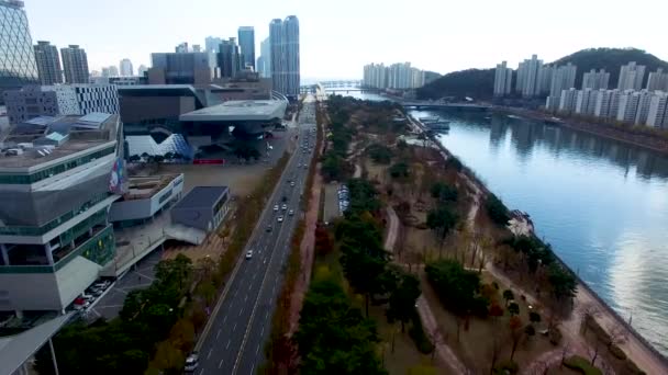 Vista Aérea Naru Park Centum City Traffic Haeundae Busan Coreia — Vídeo de Stock