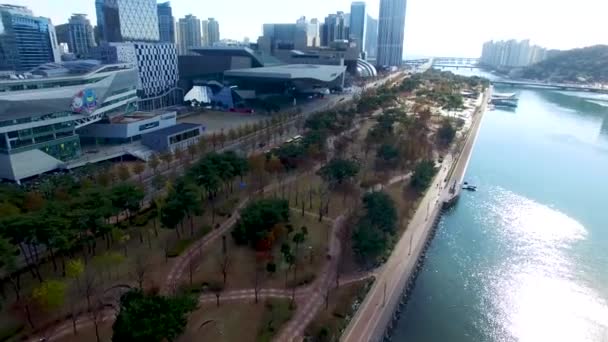 Luchtfoto Van Naru Park Centum Stadsverkeer Haeundae Busan Zuid Korea — Stockvideo