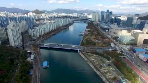 Luchtfoto Van Naru Park Centum Stadsverkeer Haeundae Busan Zuid Korea — Stockvideo