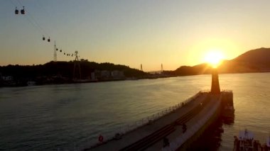 Cablecar ve Lighhouse Yeosu, Jeollanamdo, Güney Kore, Asya havadan görünümü