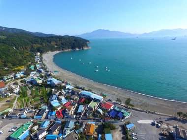 Havadan görünümü siyah Snad Beach Manseongri, Yeosu, Jeollanamdo, Güney Kore, Asya