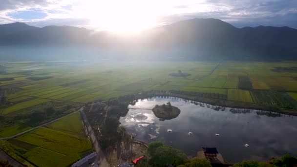 Luchtfoto Van Dongjeongho Lake Akyang Rice Paddy Veld Hadong Gyeongsangnam — Stockvideo