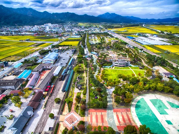 Aerial View of Train Village , Gokseong, Jeollanamdo, South Korea, Asia