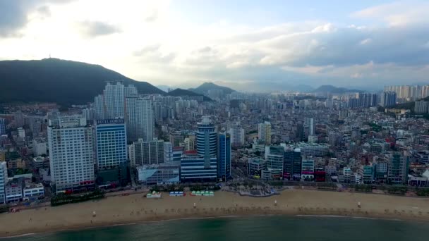 Luchtfoto Van Bewolkt Gwangalli Beach Gwangalli Busan Zuid Korea Asia — Stockvideo