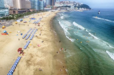 Yaz Haeundae Beach,, Busan, Güney Kore Asya havadan görünümü
