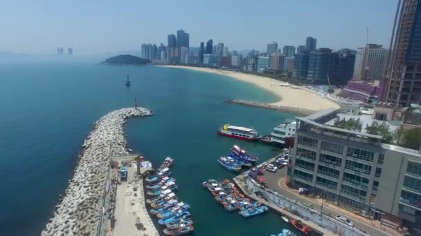 Luchtfoto Van Haeundae Beach Uit Mipo Poort Busan Zuid Korea — Stockvideo