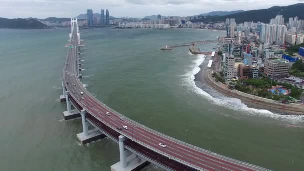 Typoon Coming Gwangandaegyo Bridge Und Minrak Port Gwangalli Busan Südkorea — Stockvideo