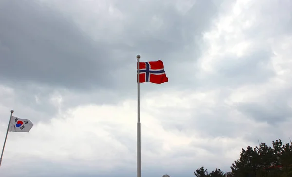 Bandiera norvegese sventola nell'aria del cimitero commemorativo delle Nazioni Unite a Busan, Corea del Sud, Asia — Foto Stock